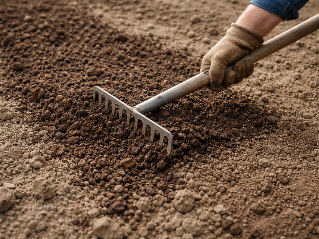 Tuinier die compost van 5–10 cm inwerkt in zandgrond met een hark, close-up