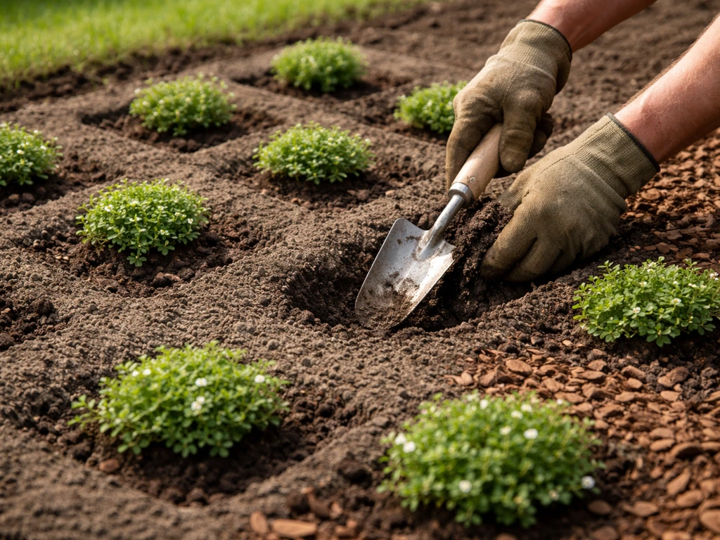 Anonieme handen die bodembedekkers planten in open vakken, met aangeaarde grond en barksnippers als afdekking.