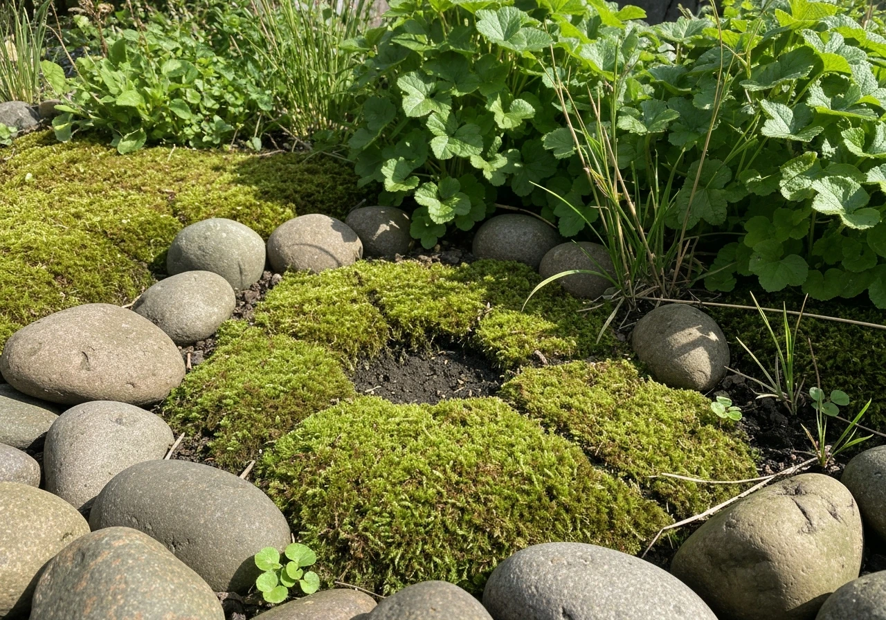 Schaduwrijk stuk tuin met dicht, groen mos als grasalternatief op vochtige grond.