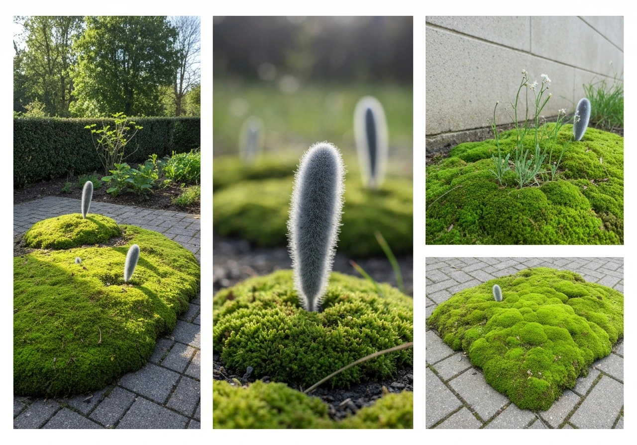 Drie rustige hoekjes: mos op noordelijke tuin, tussen tuintegels en onder bomen in halfschaduw.