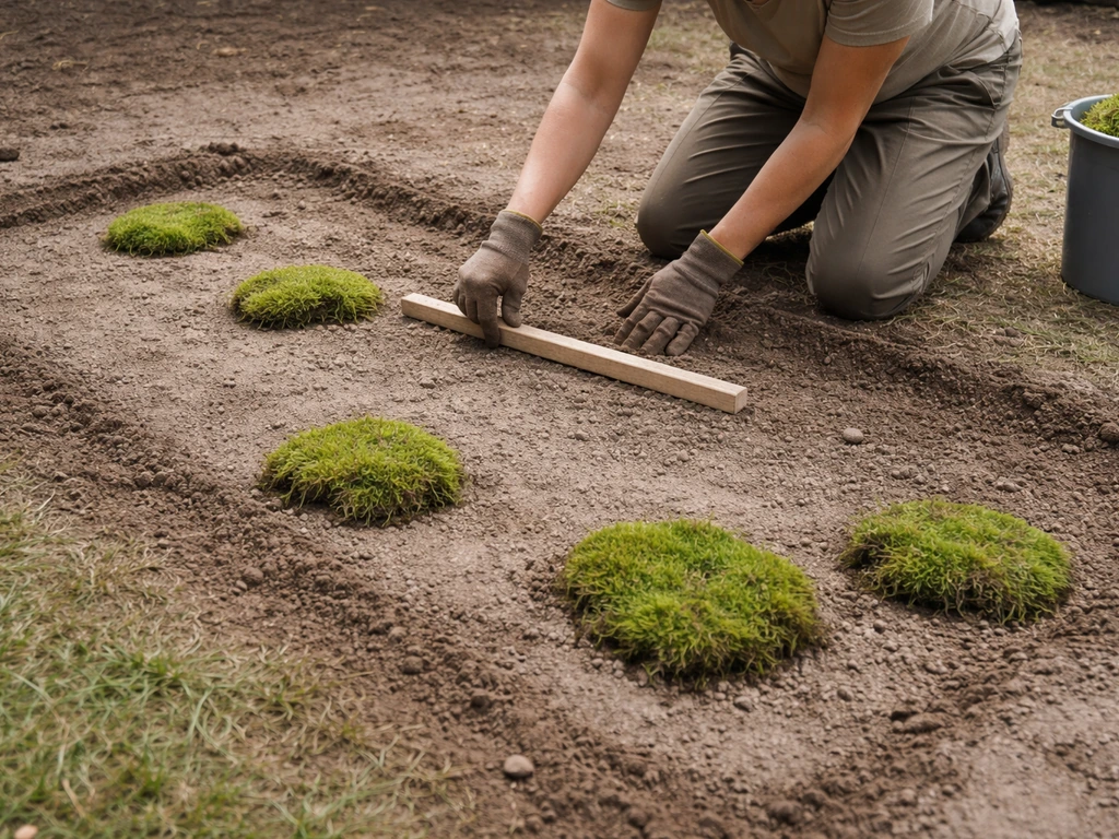 Tuinman knielt bij voorbereide bodem met enkele mosplukken die beginnen aan een mos-tapijt.