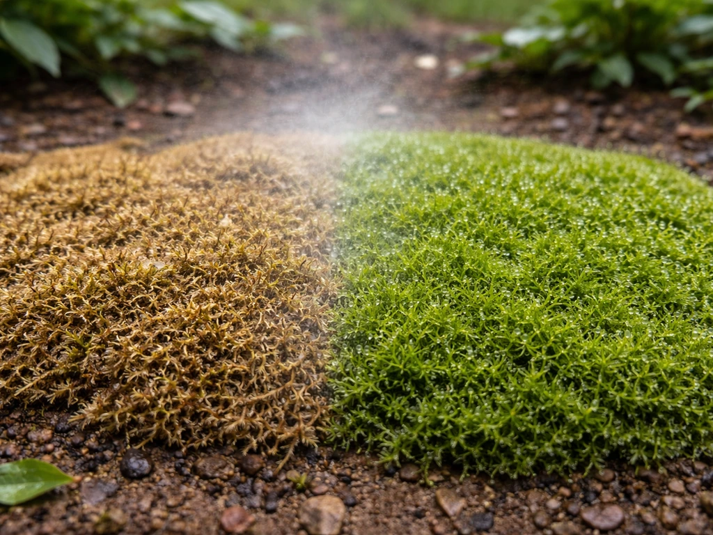 Mosmat in droogte bruin links en na herbevochtigen weer groen rechts, in een tuin met natuurlijk licht.