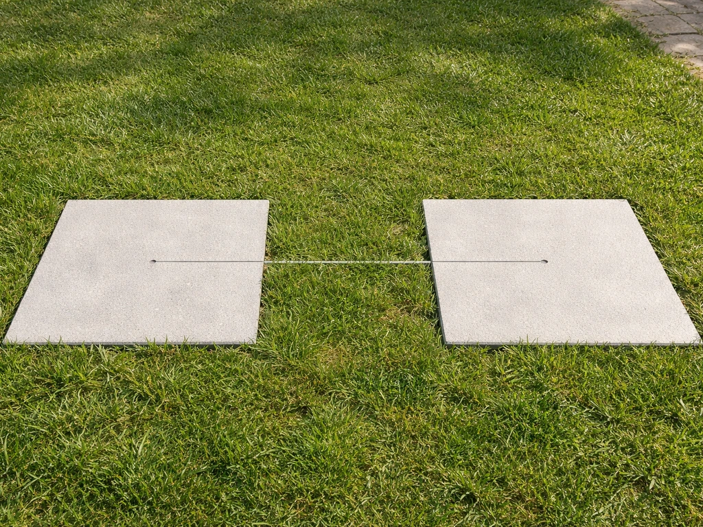 Twee staptegels in gras met een duidelijke hartpuntafstand van midden tot midden