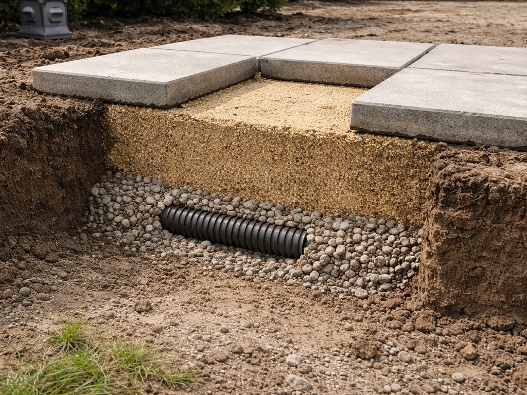 Doorsnede van staptegels met uitgegraven grond, zandbed en drainage met drainagebuis in grind.