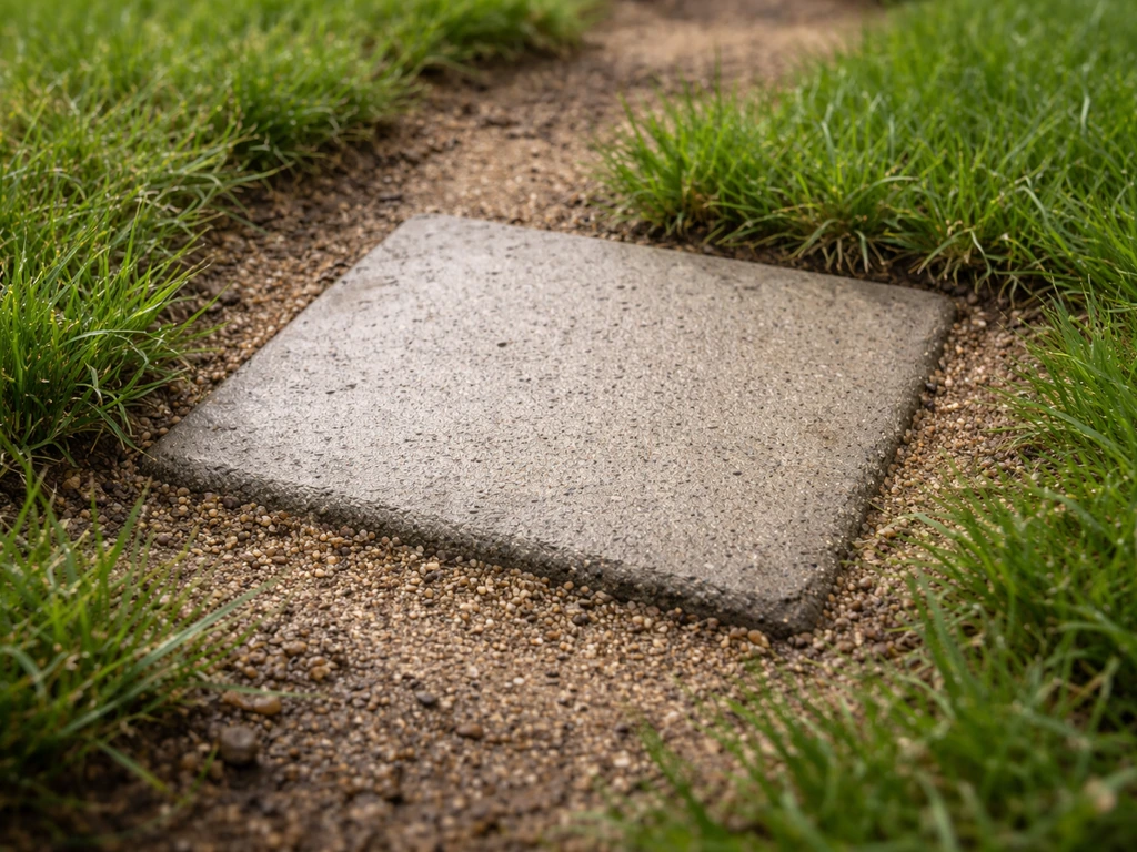 Close-up van staptegels in het gras met waterdoorlatend zandbed dat regenwater laat wegtrekken