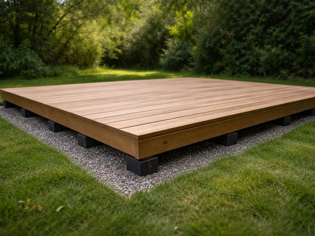 Houten vlonder op een grasveld met stabiele planken en zichtbare afwatering via grind, bij daglicht