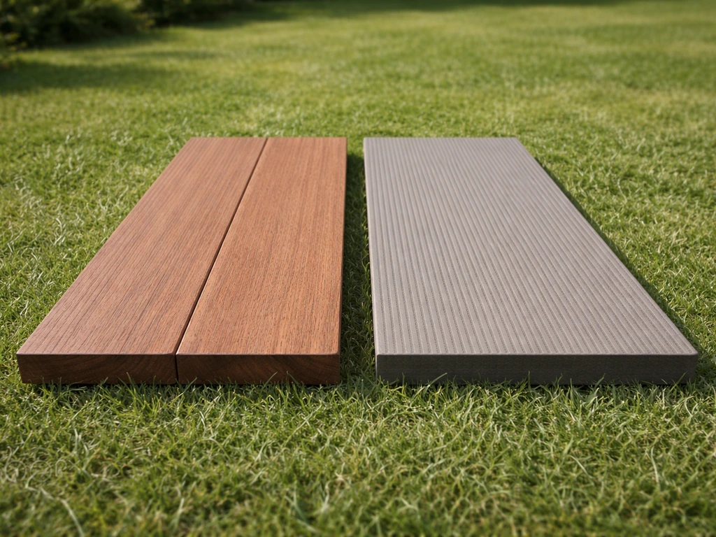 Twee vlonderplanken naast elkaar op gras: bankirai-achtige hardhout links en composiet rechts.