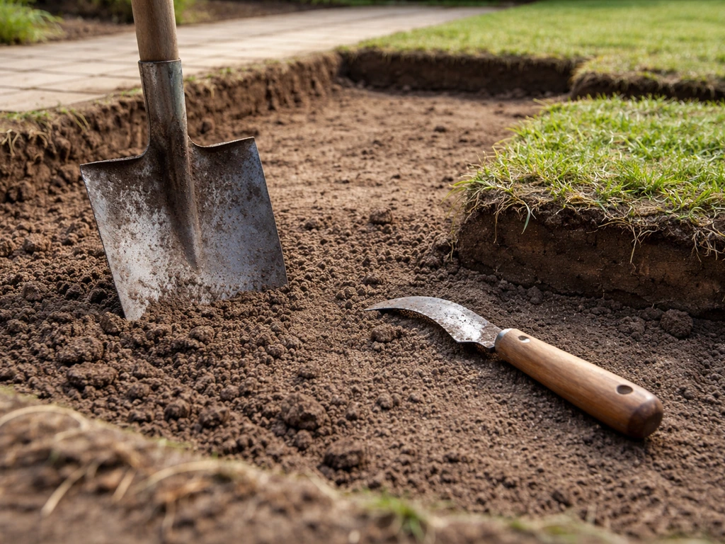 Spade en graszodenschilmes naast afgegraven grond met uitgegraven randen en voorbereide vlakken