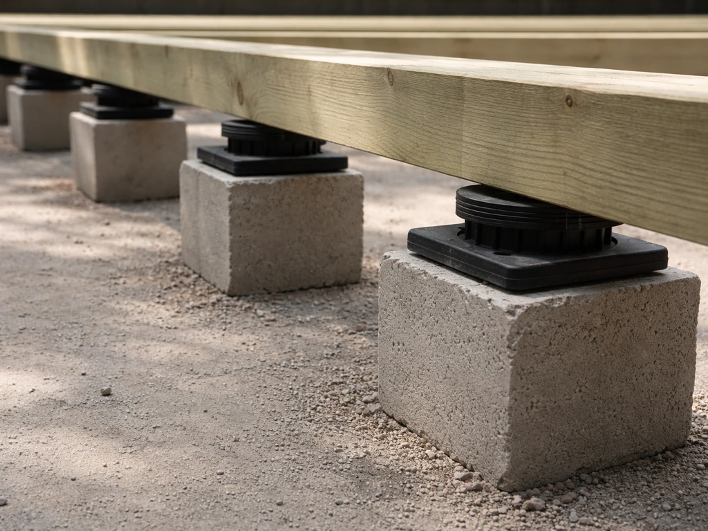 Betonnen poeren met kunststof stelblokken onder houten draagbalken, met rubberen onderleggers op bouwterrein