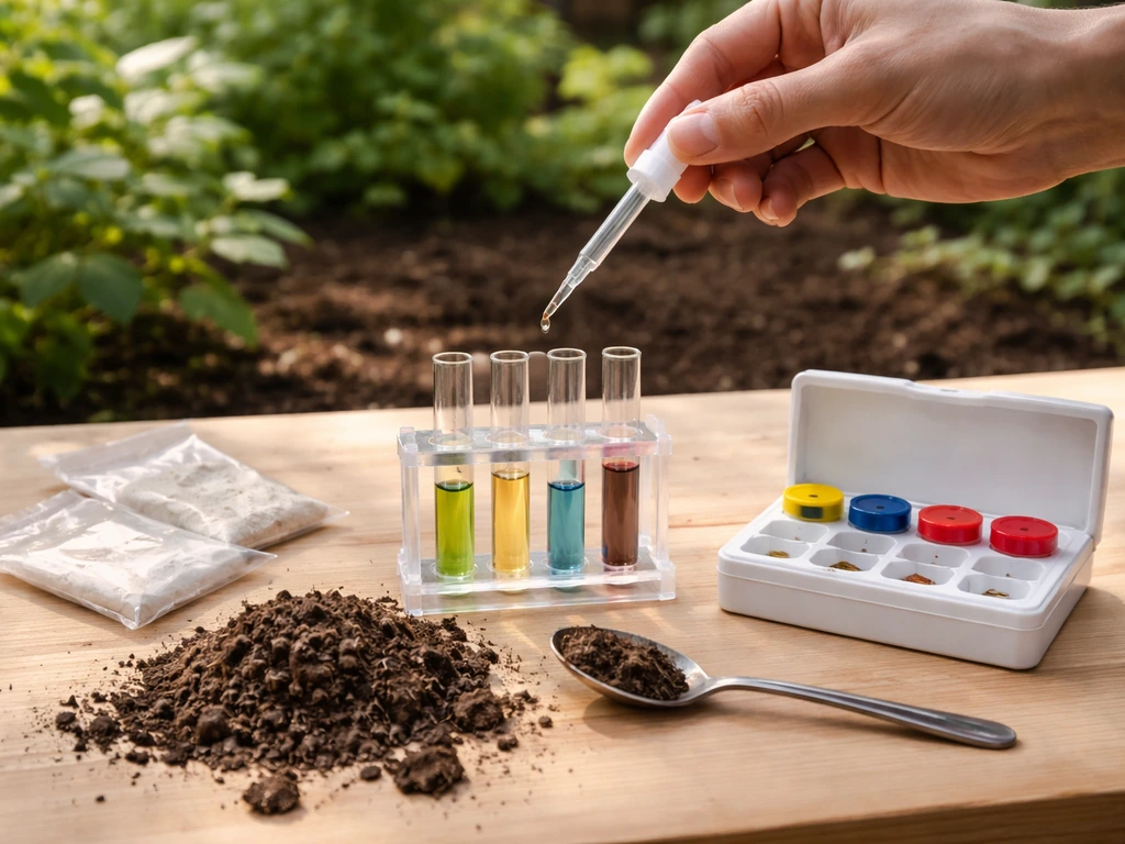 Bodemtest op een werkbank met proefbuisjes en grond, in een tuin met natuurlijk licht.