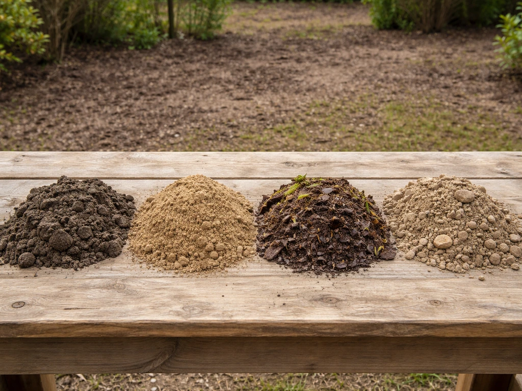 Vier soorten grond in bakjes op een houten werkbank, als visuele vergelijking van tuinsituaties in Nederland.