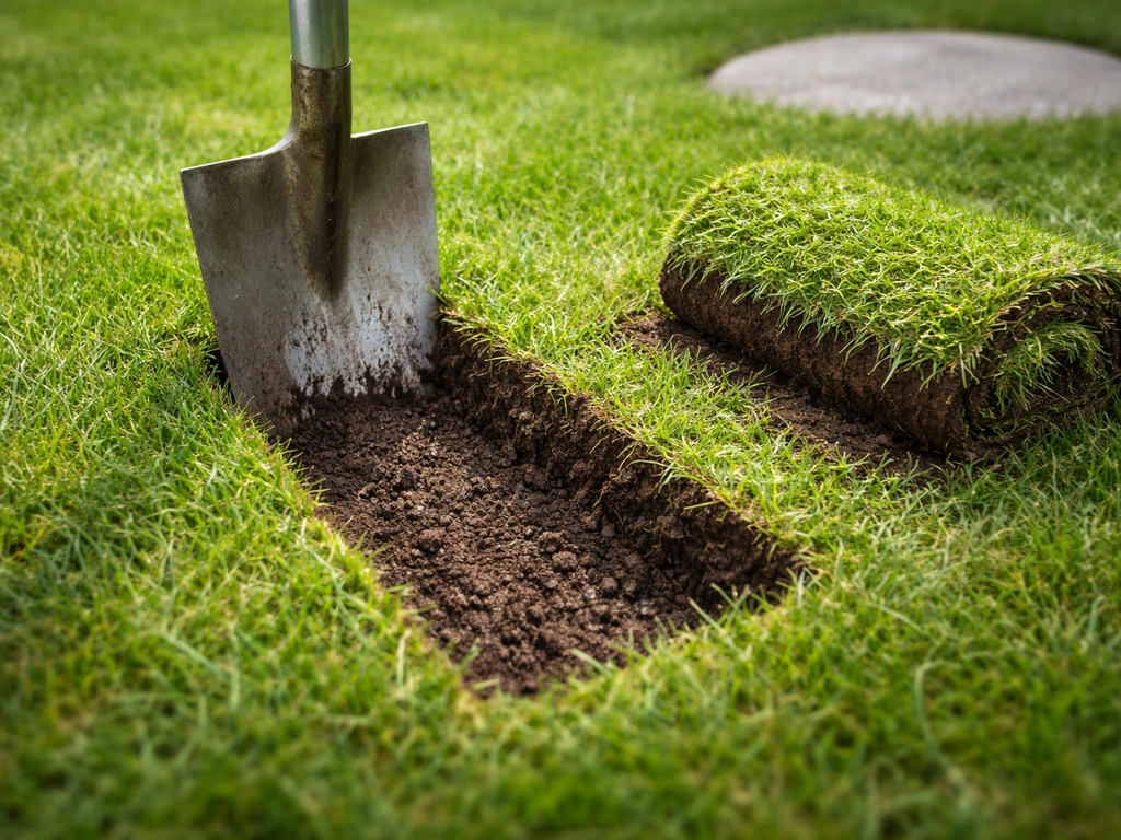 Close-up van een spade die precies de graszode uitsteekt voor losse stapstenen