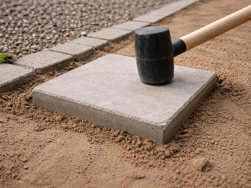 Close-up van een straatsteen die in een zandbed wordt aangedrukt en uitgelijnd langs een pad