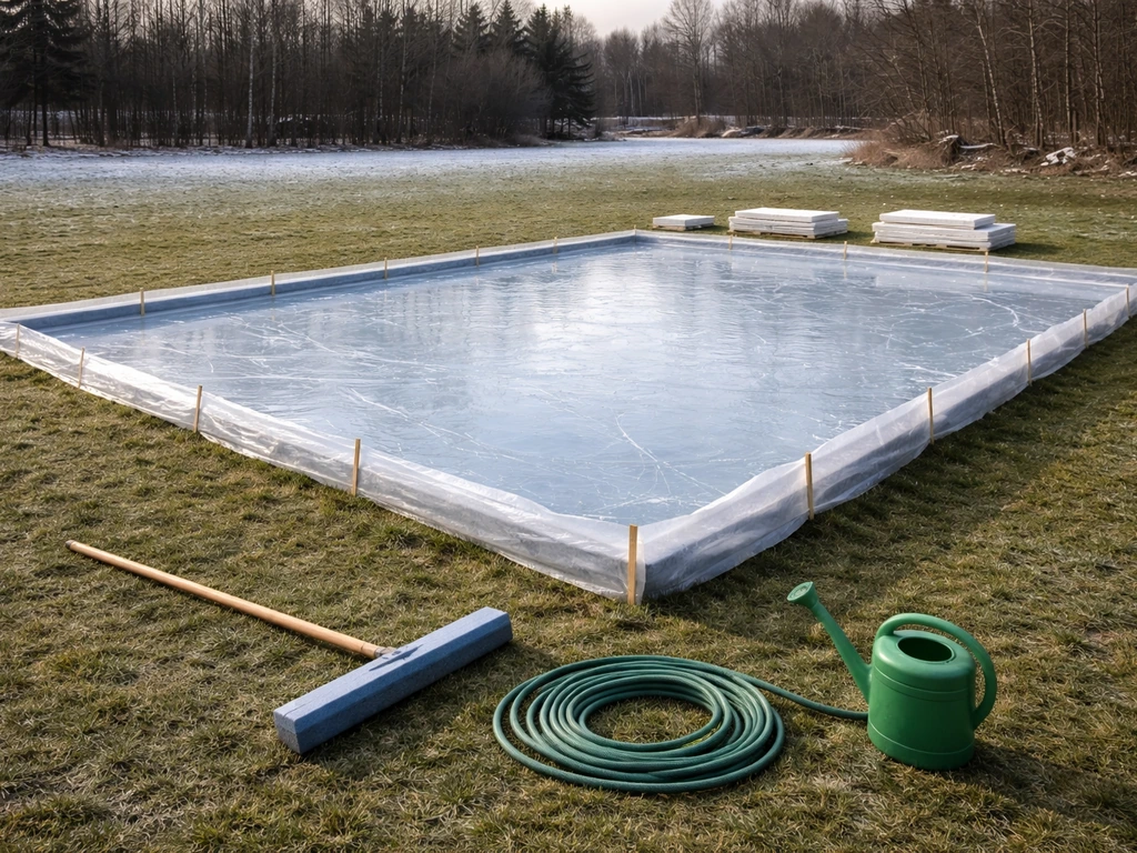 Overzicht van een aangelegde ijsbaan op grasveld met folie, afbakening en schaatssporen, met gereedschap klaar.