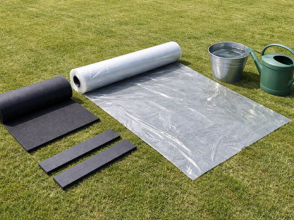 Rol PE-folie, onderlaag en randen op grasveld met emmer en gieter water ernaast.