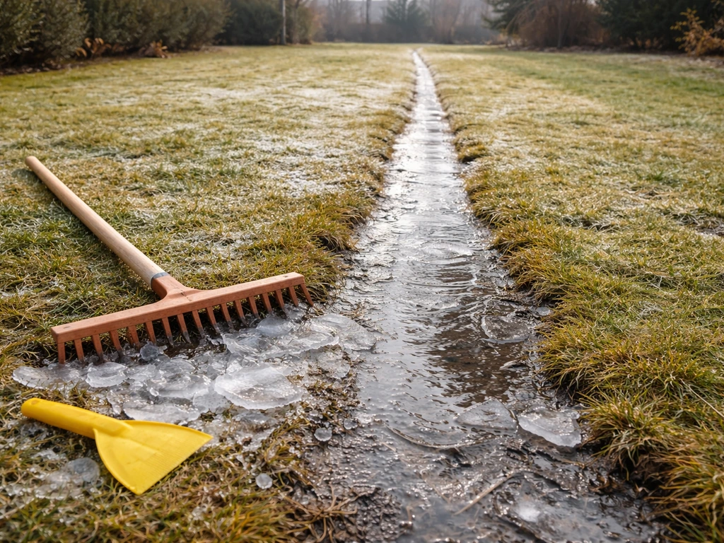 Dooiend gazon met ijslaag die gecontroleerd wordt afgebroken en smeltwater dat wegloopt.