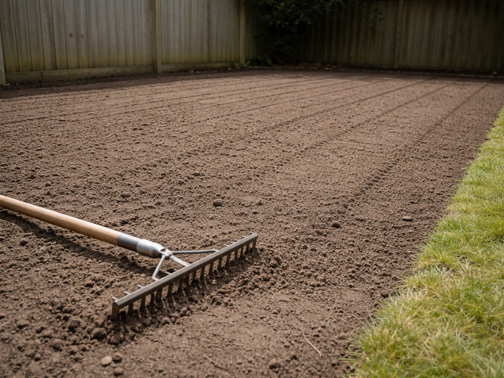 Omgespitte tuin met voorbereid zaaibed voor nieuw gras, geëgaliseerd richting gazonrand in natuurlijk licht.