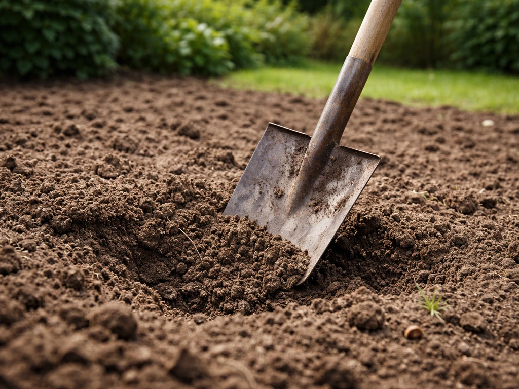 Schop in de grond tijdens het omspitten, met zicht op een juiste, niet-natte bodemstructuur.