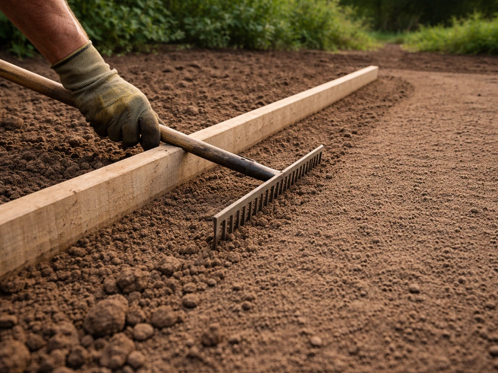 Tuinier egaliseert omgespitte grond met lange lat en hark voor een vlak zaaibed en afwatering.