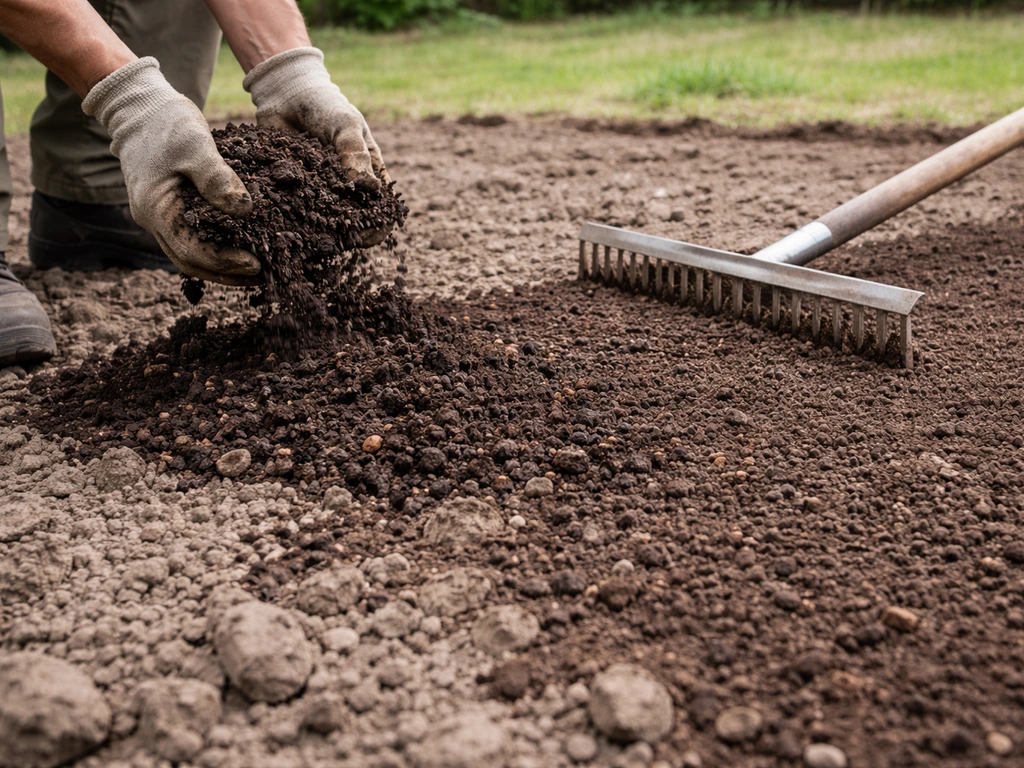 Handen die teelaarde en compost verdelen en inharken tot een fijn, egaal zaaibed voor het gazon