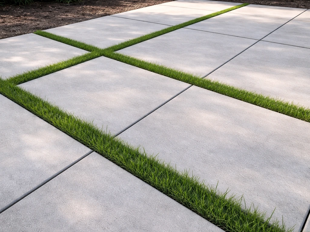 Bovenaanzicht van terrastegels met groene grasstroken netjes tussen de voegen en vakken.
