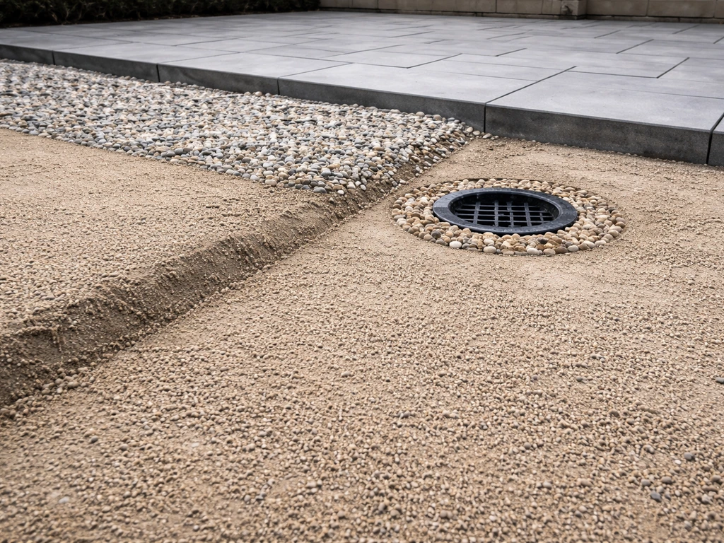 Close-up van terrasopbouw in lagen met funderingszand, waterafschot en afwatering om problemen te voorkomen.