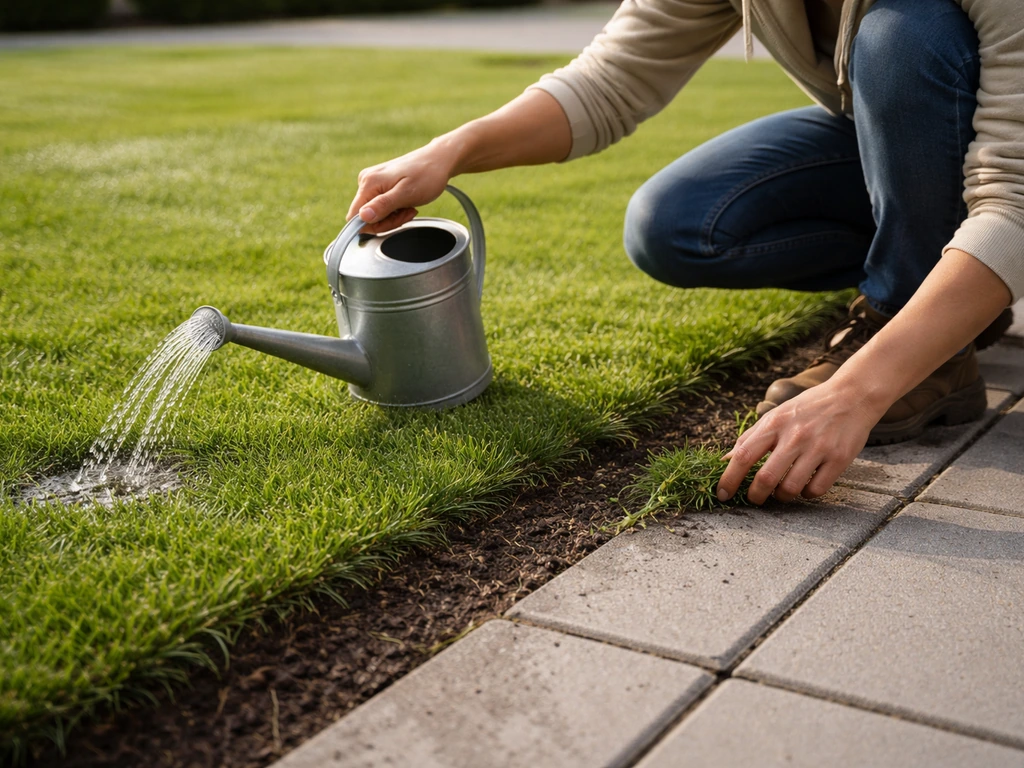 Tuinman of tuinpersoon geeft net gelegde graszoden water met een gieter en verwijdert onkruid naast de randen.