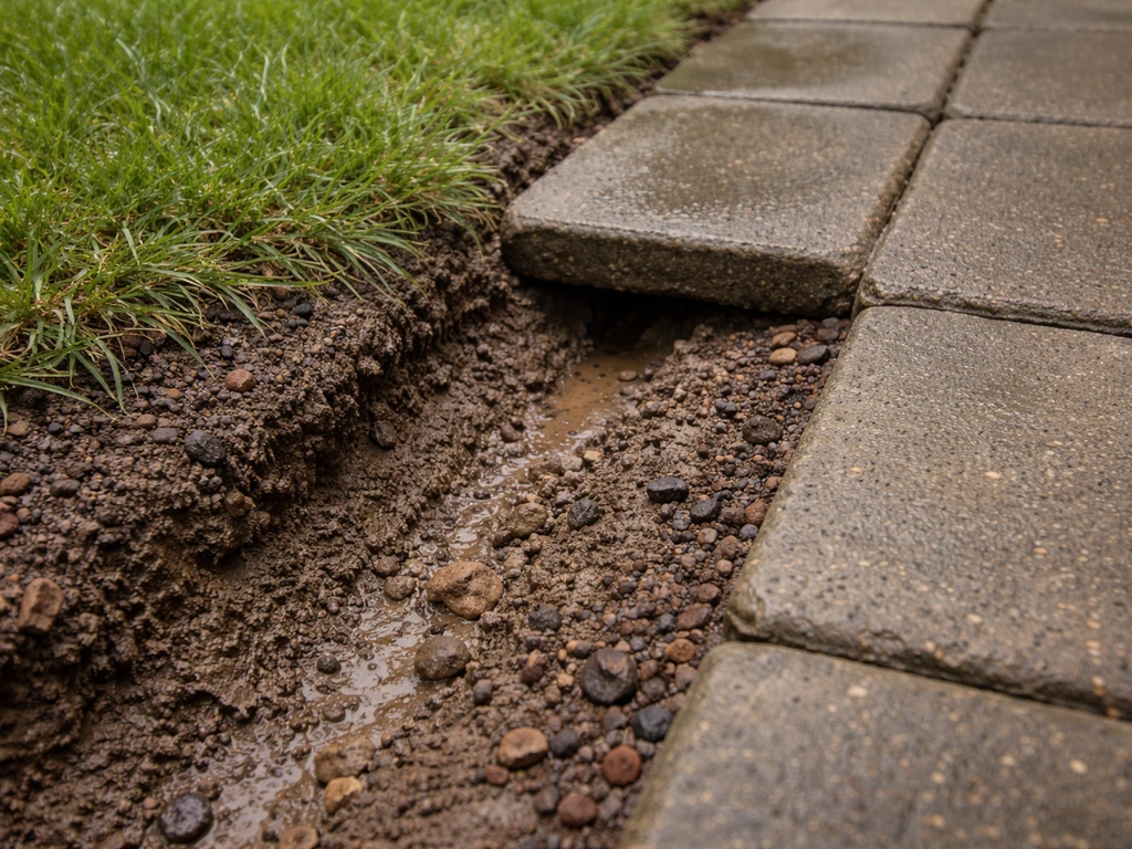 Uitgespoelde grond bij een tegelrand na regen, met zicht op herstelrichting richting grasstrook.