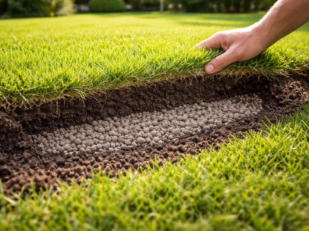 Overzicht van een Nederlands gazon met opengewerkte strook waar hydrokorrels onder het gras zichtbaar zijn