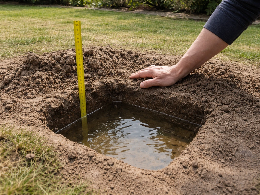 Tuinmeetgat van ongeveer 30 cm breed met water dat in de bodem zakt, met een hand die de snelheid controleert.
