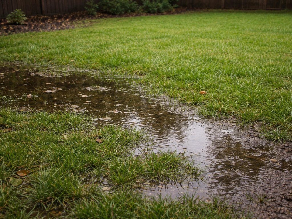Overzicht van een gazon na zware regen met zichtbare plassen die blijven staan bij inzakking van de bodem.