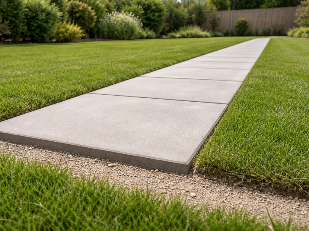 Strak gelegd pad van tuintegels dat direct overgaat in gras, met nette randen in een Nederlandse tuin