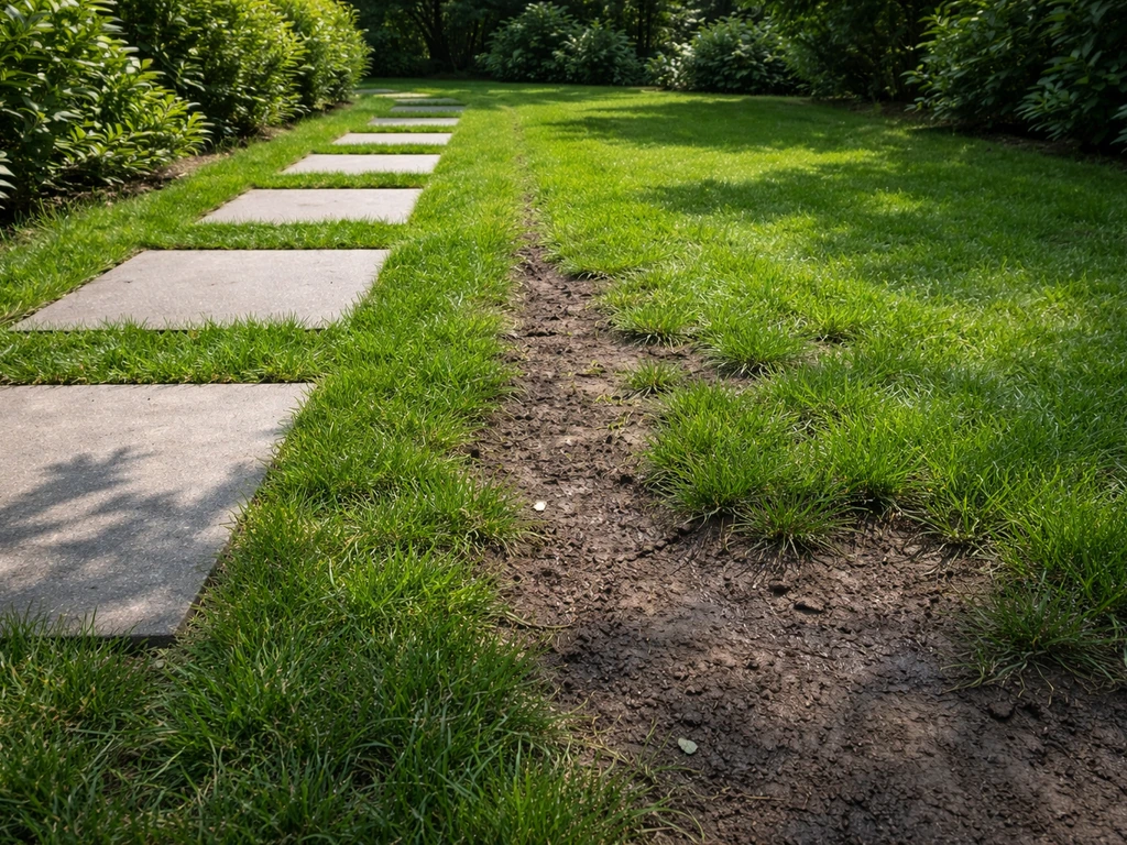 Kleine sierpad van tegels op gras en een duidelijk te vermijden, nat/woelig stuk gras in de tuin