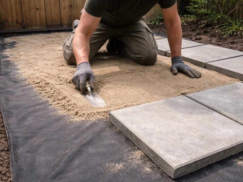 Tuinwerker brengt een dun laagje zand aan op geotextiel, met tuintegels direct er bovenop