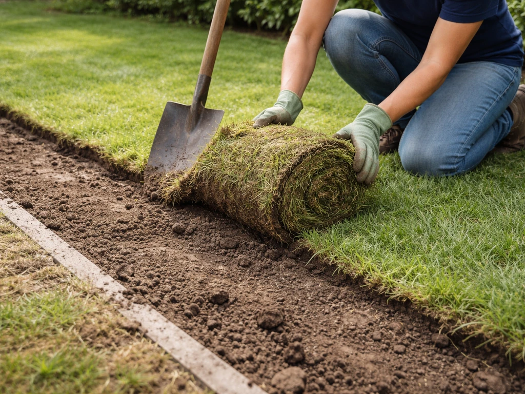 Tuinman verwijdert een oude grasmat met een schop langs een rechte rand, vlakke voortuin in daglicht.