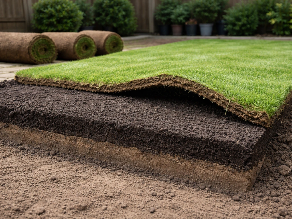 Voorbereide tuinopbouw met zwarte zandlaag onder een net aangelegde grasmat, vlak en minimal.