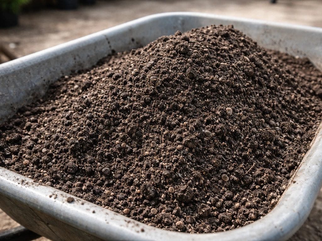 Close-up van ‘zwart zand’ in een kruiwagen: grof mengsel van zand en teelaarde, donkere kleur zichtbaar.