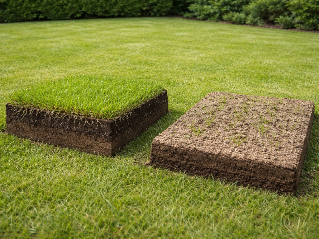 Tuinafbeelding met een schuin doorgesneden grasstrook in lagen, wortelzone zichtbaar en een apart ingezaaid vlak