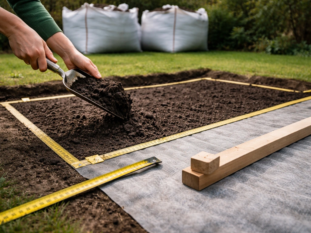 Tuinrekenmoment: meetlint op uitzetmateriaal met stapel big bags en zichtbare laagdikte-schatting