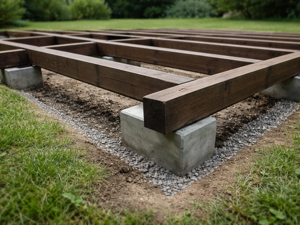 Opbouw van een houten terras op gras met liggers, funderingspunten en waterafvoer, realistische bouwfoto