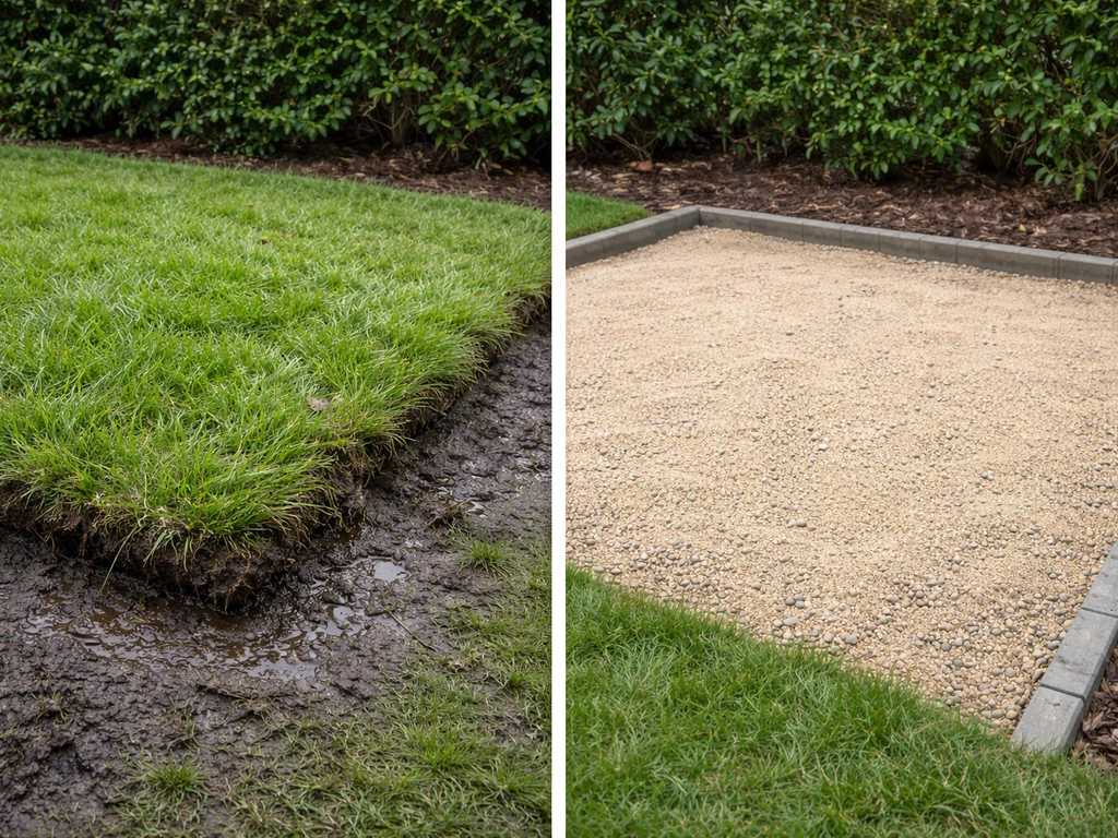 Links vochtige grasmat op aarde, rechts droge uitgegraven basis met zand/grind voor houten terras met randafwerking
