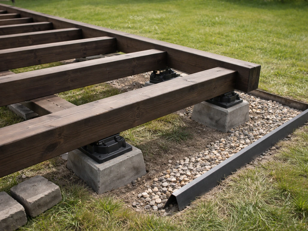 Detail van houten terrasconstructie met liggers op puntfunderingsdragers op gras, met waterafvoer ernaast.