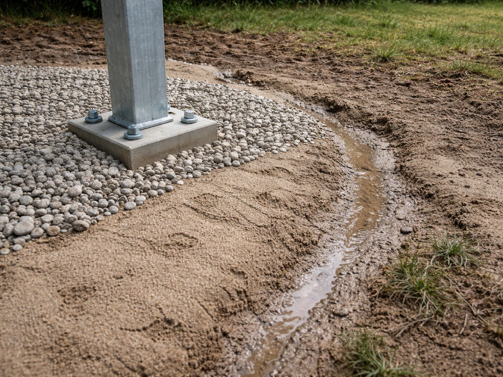 Zandbed met grindrand en duidelijke afwatering onder een constructievoet naar lager gelegen ondergrond.