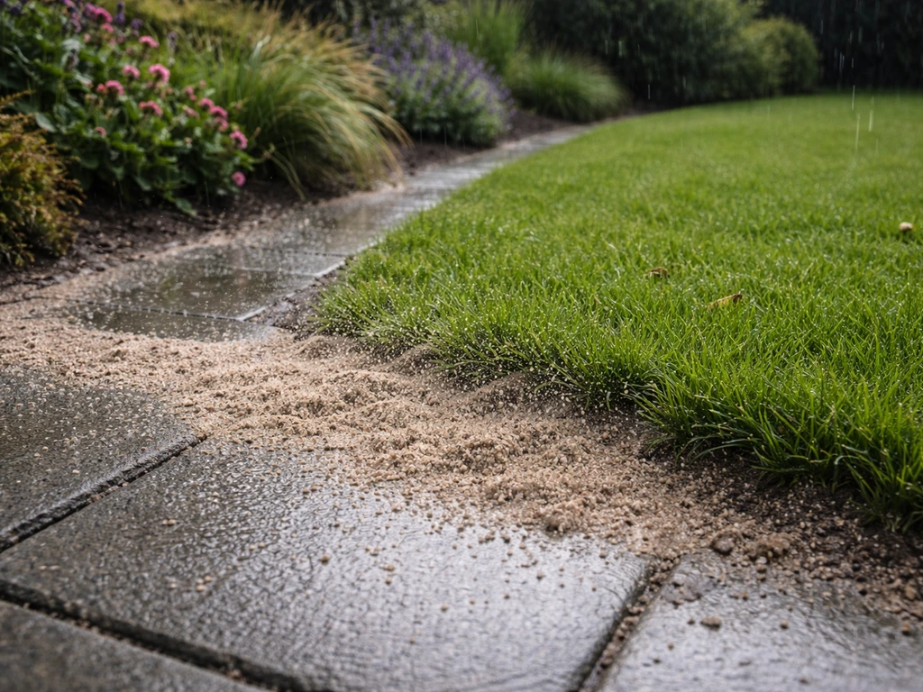 Los zand van een pad waait richting het gazon, met regenachtige spetters die het terugrollen naar het gras.