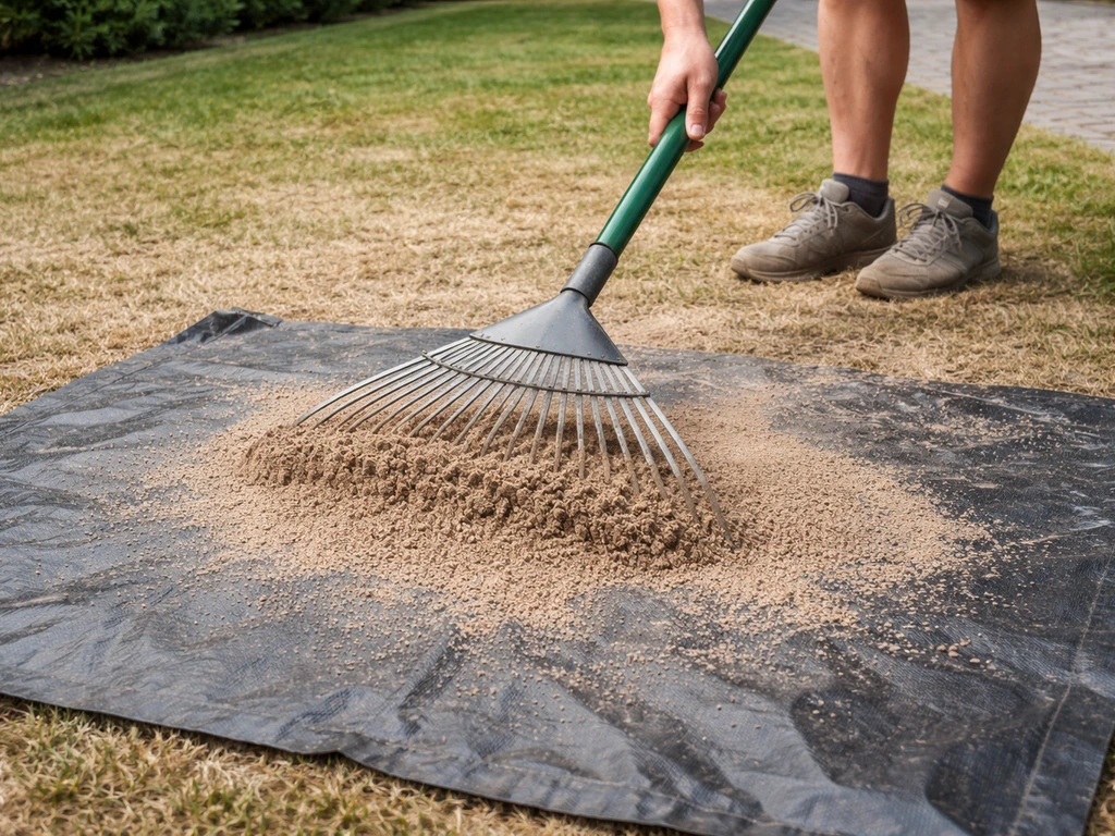 Droog gazon met losse zandkorrels: iemand veegt zand weg met een brede hark, zand ligt op een zeil