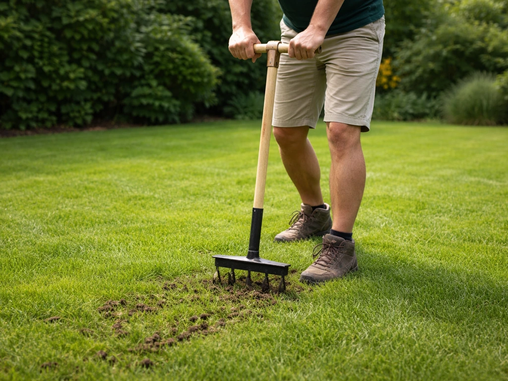 Tuinman belucht een gazon met een prik-/sleufbeluchter; water kan beter weg en wortels krijgen ruimte.