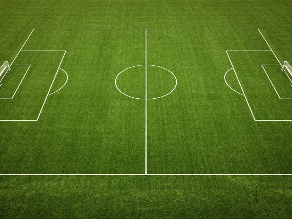 Brede luchtfoto van een leeg voetbalveld met duidelijke veldgrenzen en markeringen.