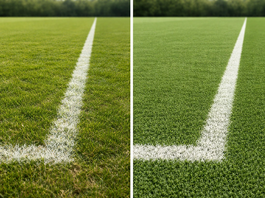 Links een echt grasveld en rechts een kunstgrasveld, met dezelfde afmetingen en focus op ondergrond.