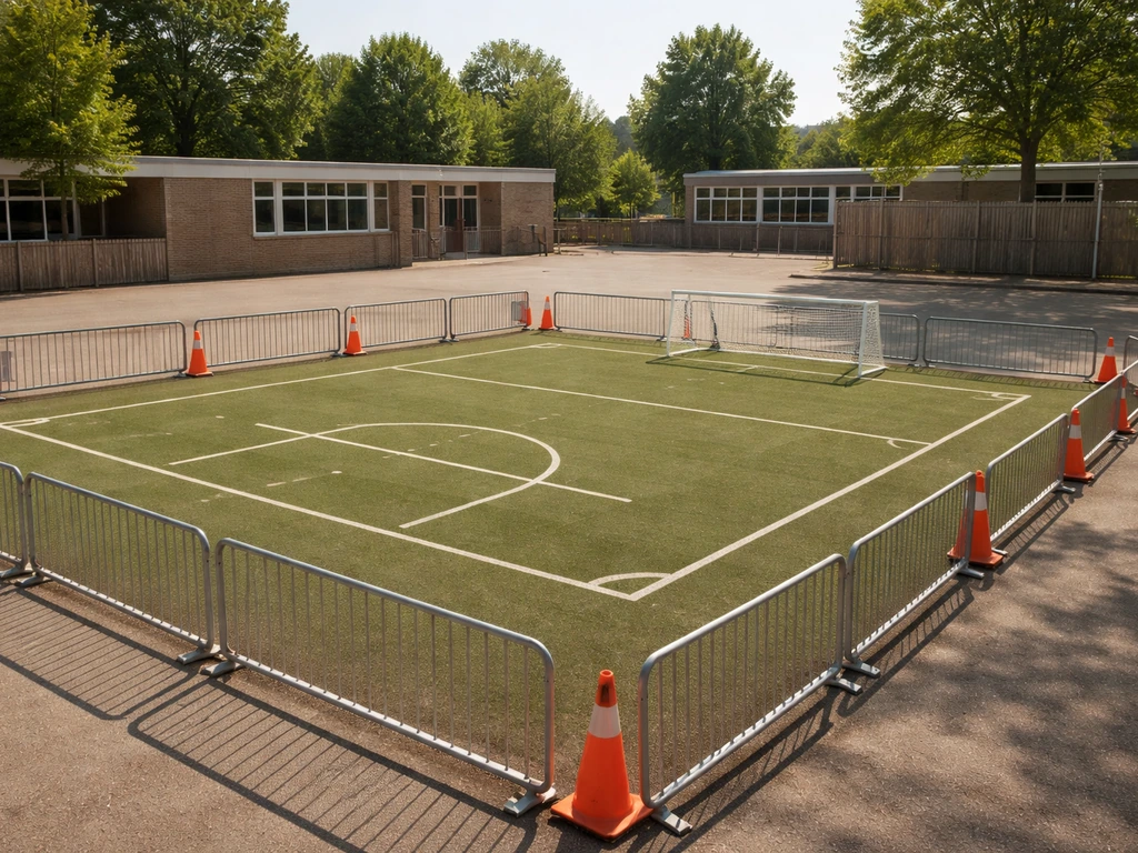 Schoolplein met afgebakende speelzone en een klein voetbalveld met lage hekken en markeringen