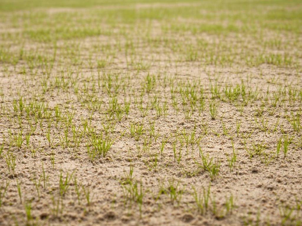 Na het bezanden: vochtig toplaagje zand en jonge grassprieten die boven het zand door komen.